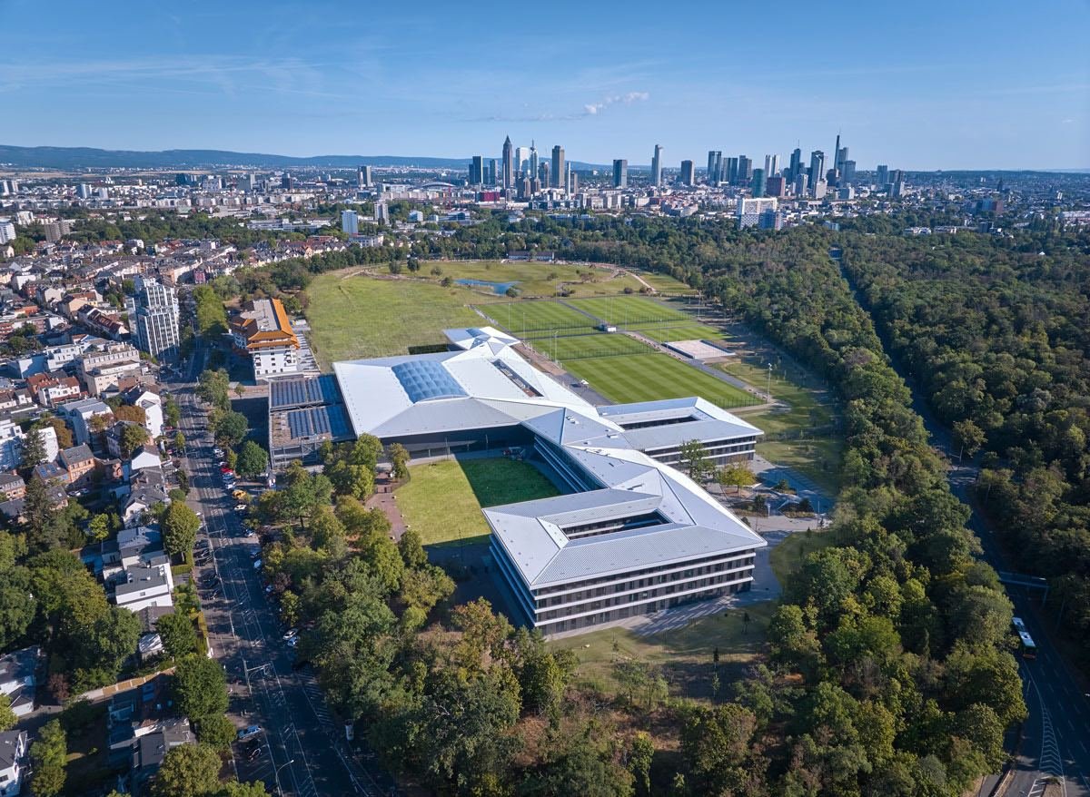 Aerial view of the DFB Campus with Frankfurt skyline